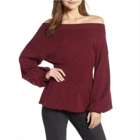 Something Navy Revolve Red Tannin Peplum Off Shoulder Sweater Size Small - Picture 1 of 10